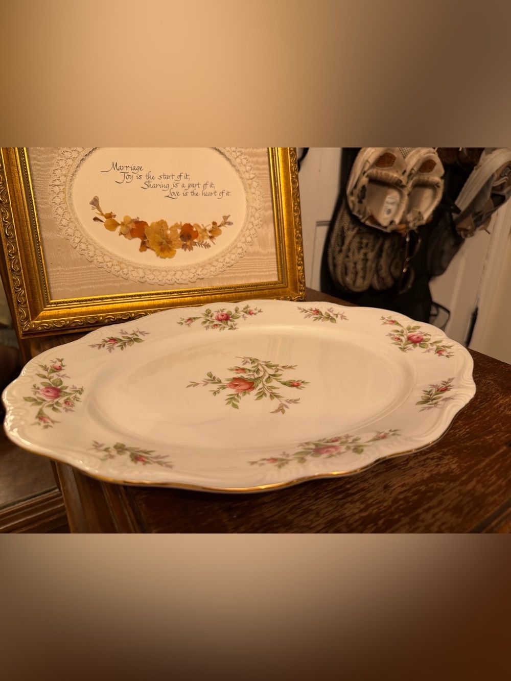 Haviland White Platter with Pink Rose Accents and Gold Rim